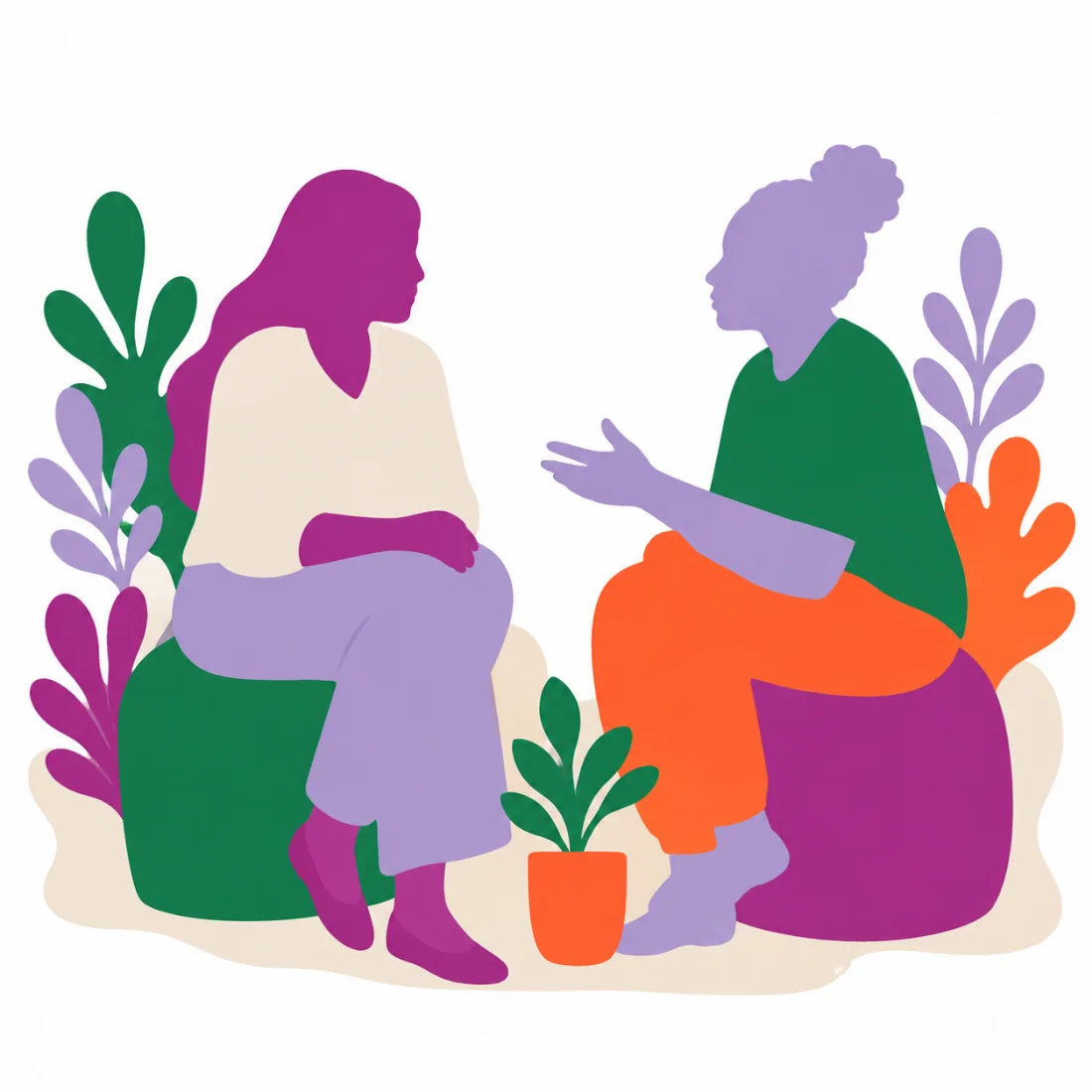 Ilustração de duas mulheres conversando — acolhimento na Clínica